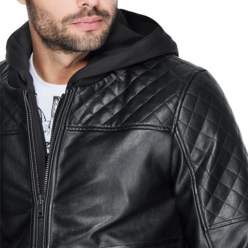 New GUESS Timmy Faux-Leather Hooded Moto Jacket - Picture 3 of 5